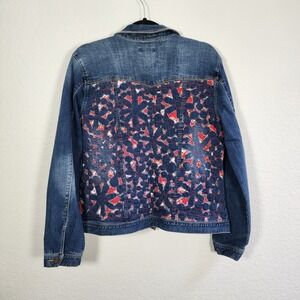Upcycled Womens Denim Jacket Red Floral Hand Sewn Back Panel Sz L Boho Cowboy
